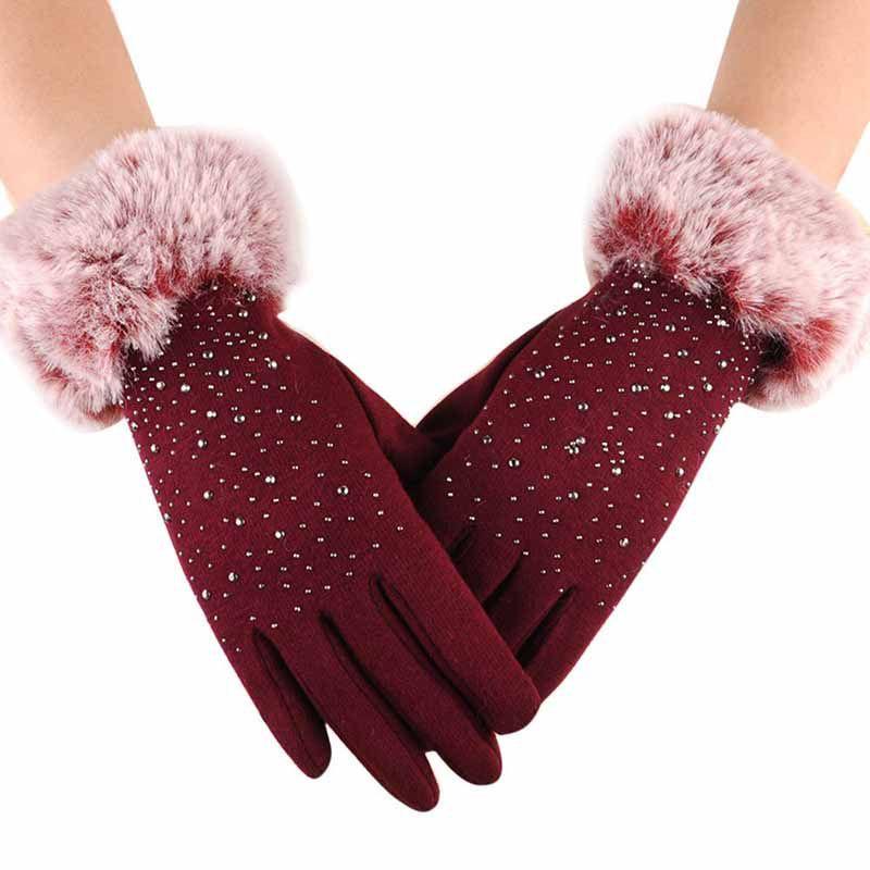 Winter Womens Fashion Outdoor Sport Warm Fur Crystal Thick Finger Mittens Gloves