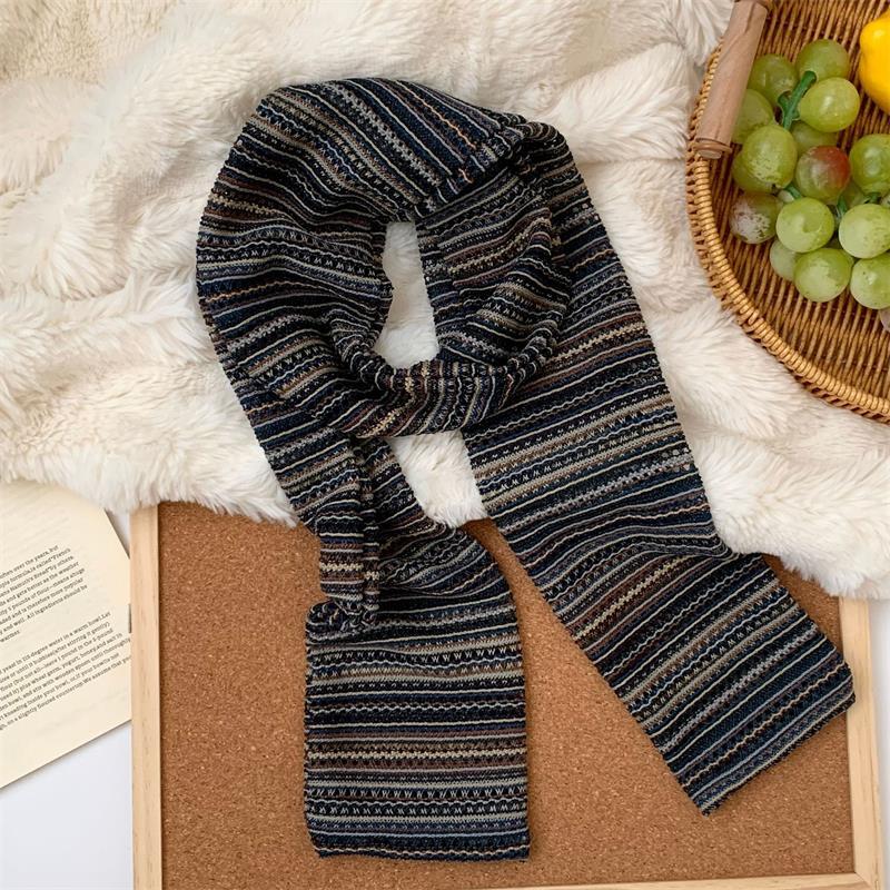 

Retro Knitted Colorful Striped Scarf Autumn Winter Warm Neck Thicken Shawl Men Women Popular Double-Sided Scarf Accessories Gift