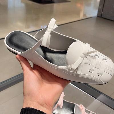 Leather Korean Version Bow Bag Head Half Slippers Women's Outer Wear 2025 New Spring and Summer Fashion Flat-bottomed Muller Sandals