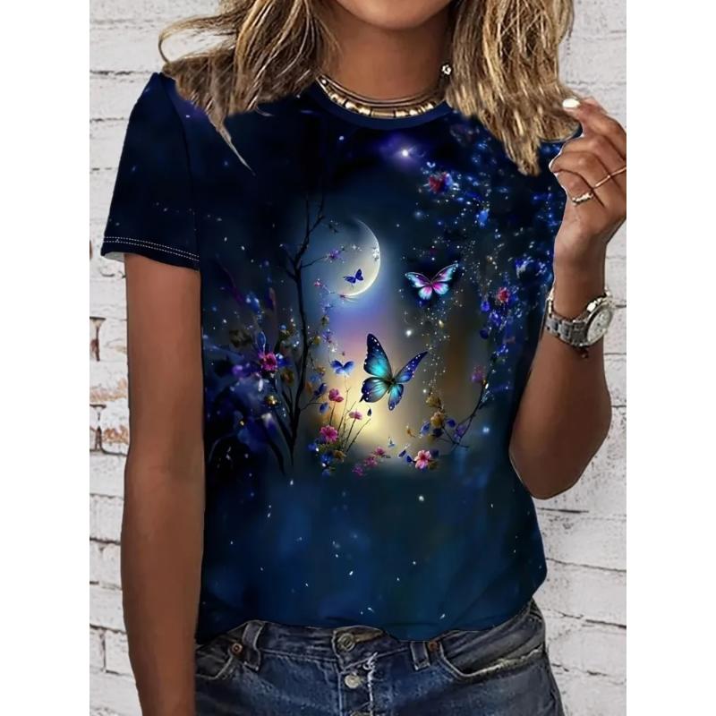 Μοντέρνο Γυναικείο T-Shirt με Στρογγυλή Λαιμόκοψη Κοντομάνικο 3D Έγχρωμη Εκτύπωση