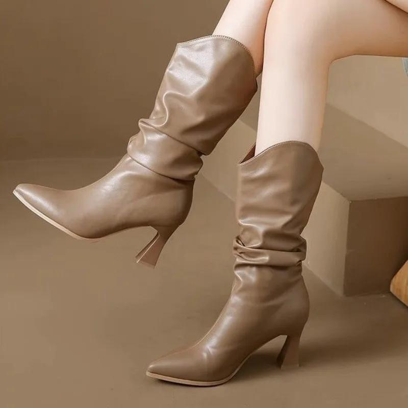 Trend 2024 Women's Half High Boots Retro Middle Heel Designer Luxury Winter Ladies Mid Calf Shoes Novelty Quality Waterproof New