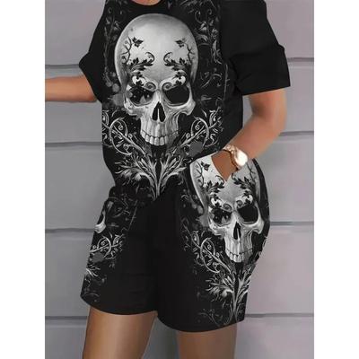 Mode Sommer Damenbekleidung Übergröße Damen Locker und Bequem 3D Totenkopf Kurzarm Rundhals T-Shirt Shorts Set
