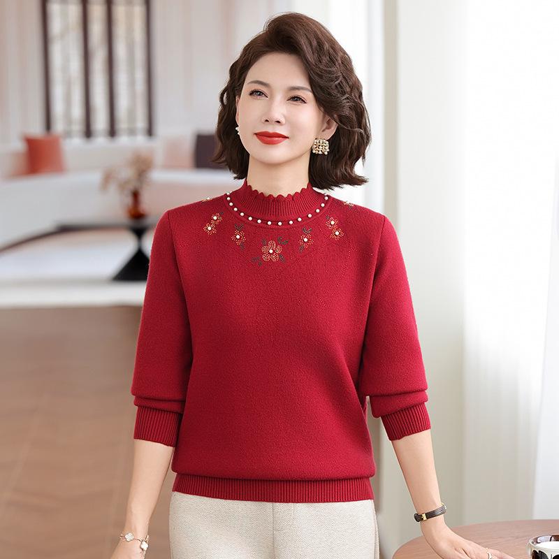Fleece-Lined Red Winter Sweater for Mother's Zodiac Year - Mid-Aged Women's Half-High Collar Base Layer