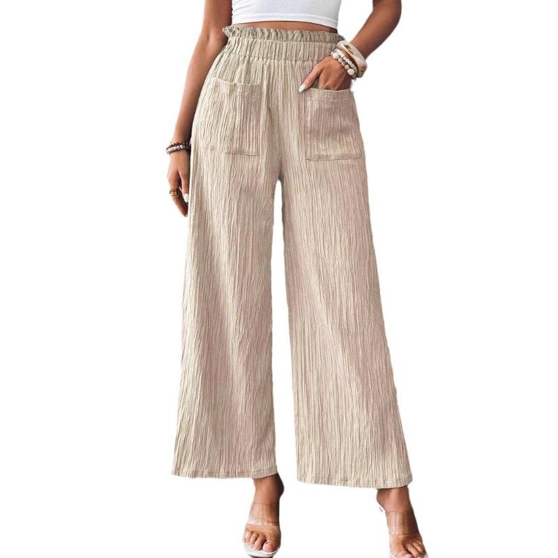 Fashion Women's Summer Elastic Waist Pocket Wide Leg Trousers Nine Points Pants