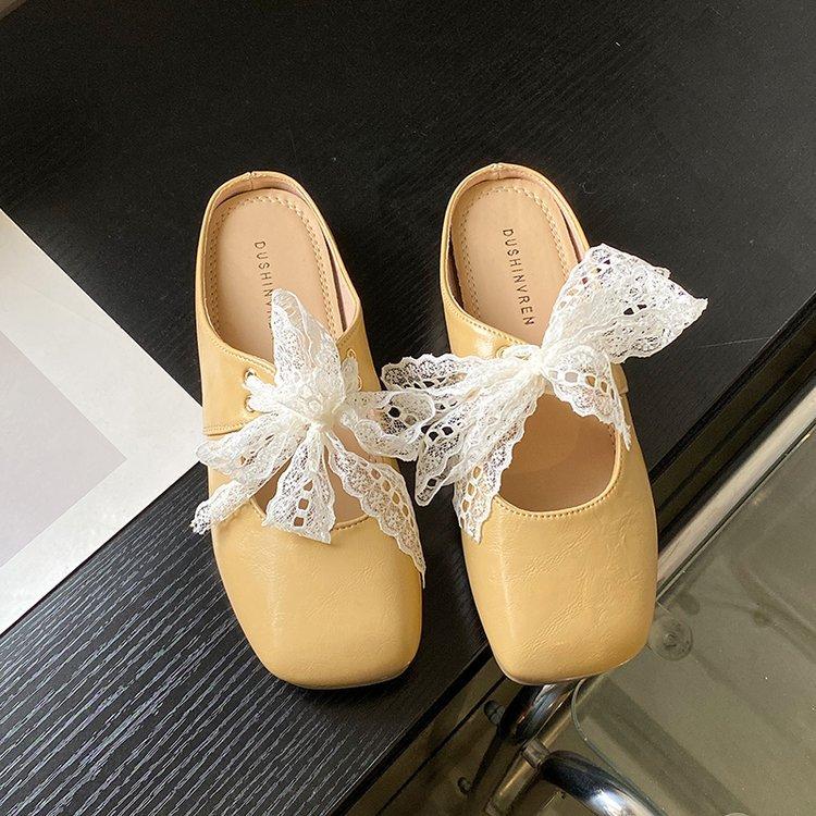 Lace Bow Outer Wear Half Slippers Women's Spring and Summer New Silver Thick Heel Soft Leather Shoes Bag Head Slippers