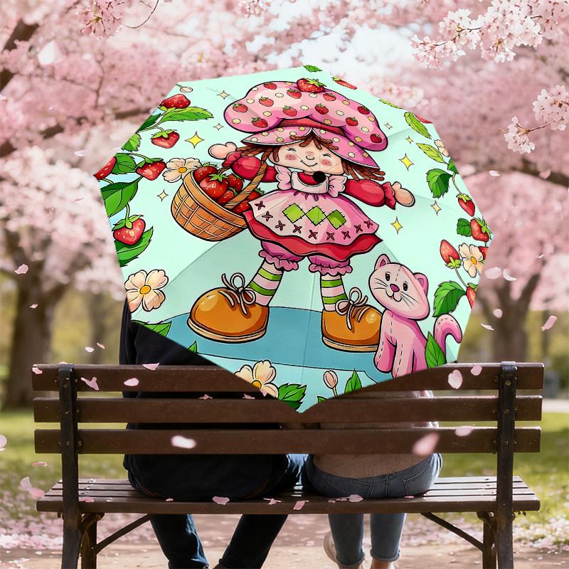1PC Strawberry Shortcake Cat Umbrella-8-Rib Reinforced, Automatic Open, Lightweight & Durable, Cute Fashion Accessory for Outdoor-T209