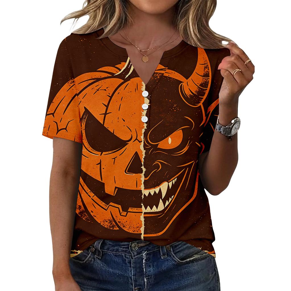 Women V Neck Short Sleeve Skull Print Tops Casual Holiday Graphic Tees Loose Fit Distressed Style T Shirt Blouses