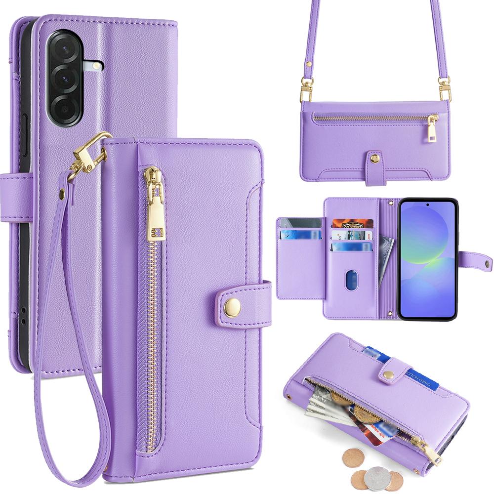 

For Samsung Galaxy A36 5G Leather Case Zipper Pocket Wallet Phone Cover with 2 Straps Purple