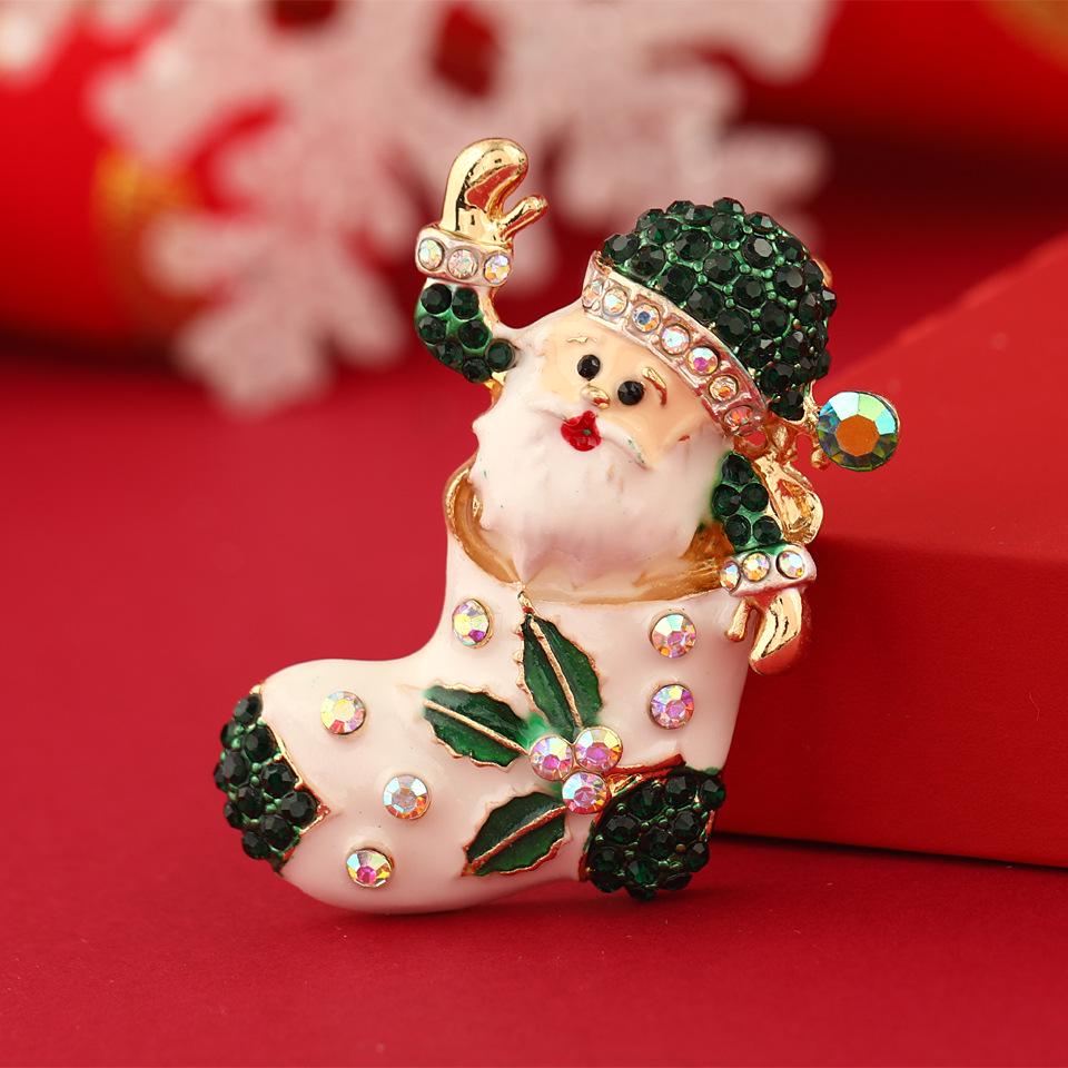 Retro Christmas Rhinestone Brooch - Glazed Santa Claus & Tree Pin Accessory