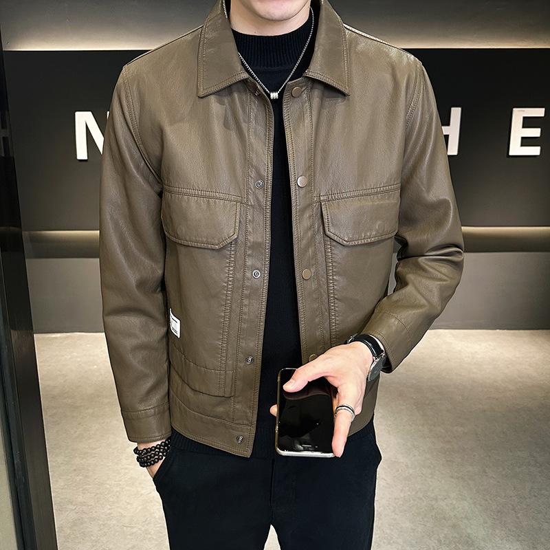 

Мужская куртка Весна и Осень Новая Коричневая из ПУ кожи Приталенная Короткая Ретро Мужская одежда Пальто 4XL