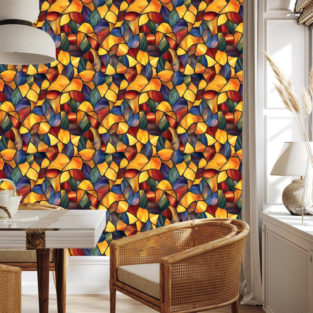 Stained Glass Wallpaper Gold, Orange and Red 50x1000