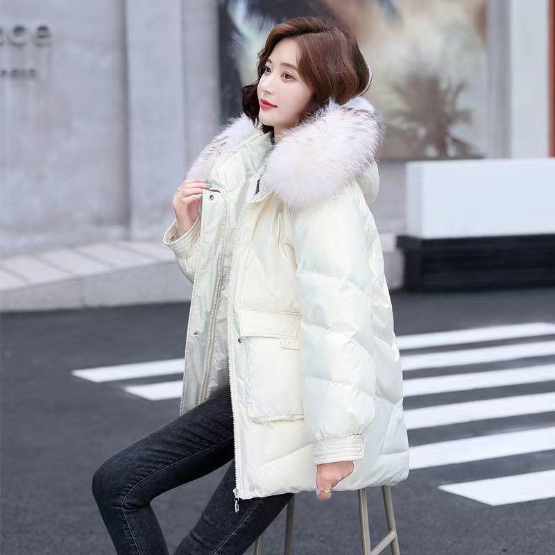 

Женская куртка, зимнее пальто, глянцевое пальто с меховым воротником и капюшоном, женская парка с хлопковой подкладкой, водонепроницаемая верхняя одежда 2XL бежевый