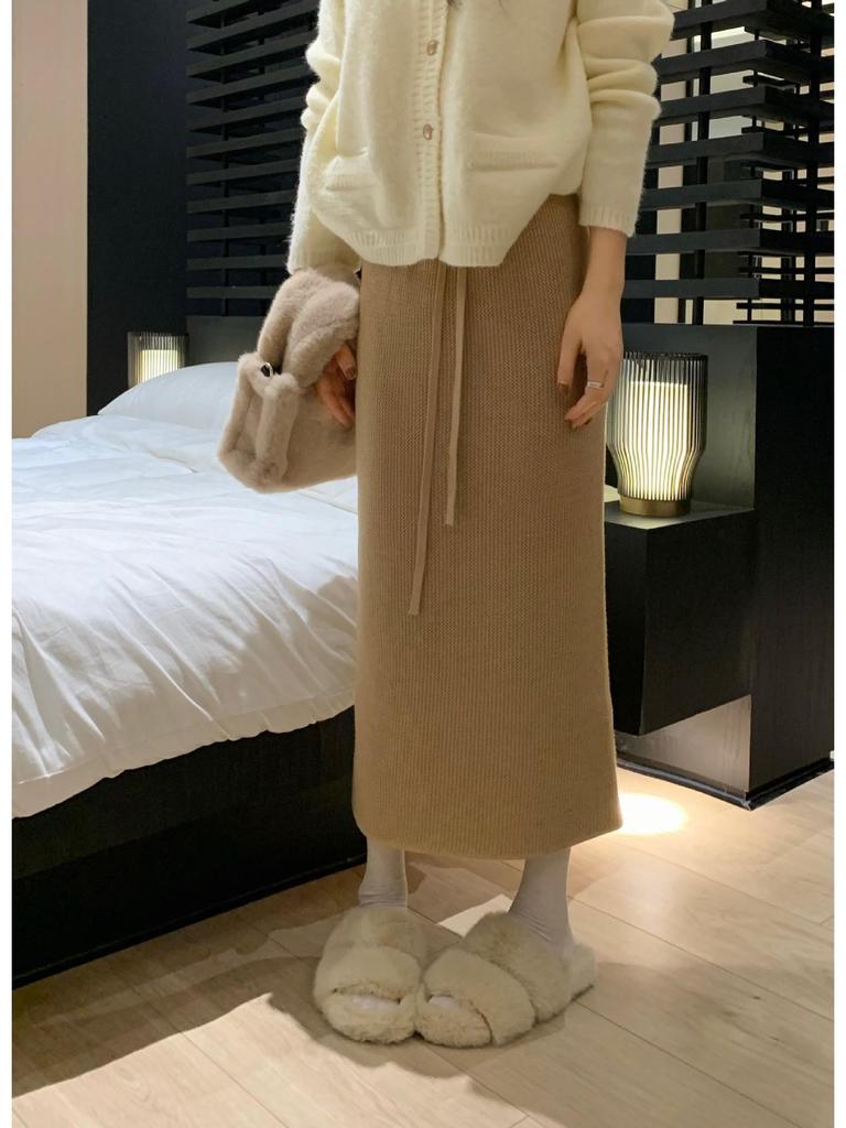 Women's High-Waist Fleece Knit Midi Skirt, Autumn/Winter 2025 Style: Thick, Loose, Drawstring, Straight Fit
