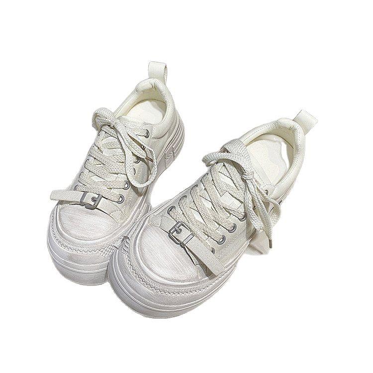 Old lace-up thick-soled heightening muffin shoes women's leather casual Korean version polished white shoes versatile board shoes dirty shoes