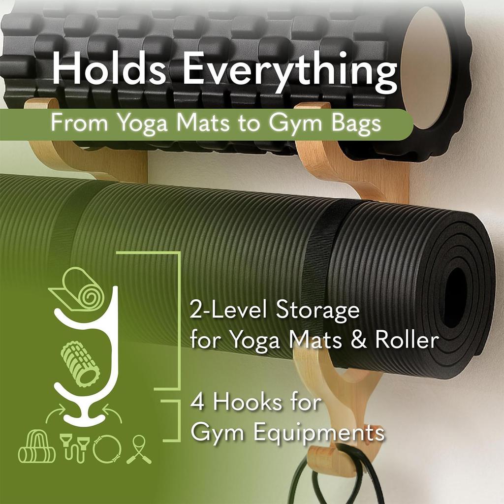 Yoga Mat Holder Wall Mount Wooden Multifunctional with 4-Hook Wall-Mounted Yoga Mat Rack for Fitness Hoop Resistance Band Jump