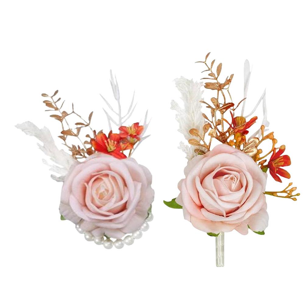 2Pcs Corsage And Boutonniere Set Artifical Rose Flower For Bridal Wedding Accessories Wrist Corsage Bracelets Corsages Wristlet