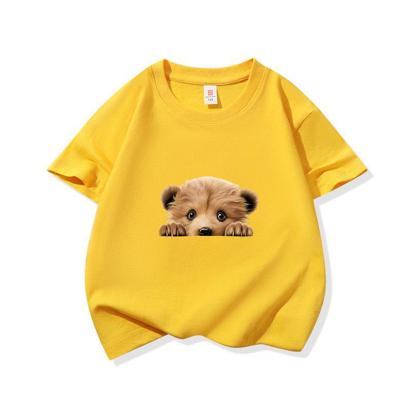 Kids Cotton T Shirt Cute Peeking Bear Cub Print Crew Neck Short Sleeve Tee Casual Breathable Boys Girls Summer Tops