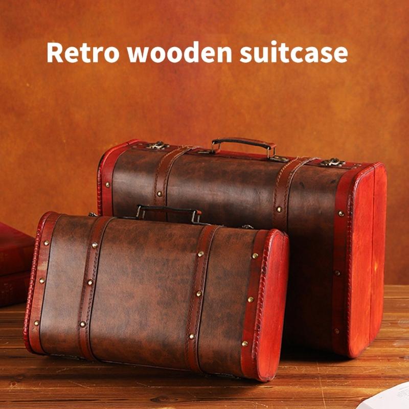 Wooden Trunk Faux Leather Handle Carrying Case Portable Storage Container For Jewelry Cosmetics And Collectibles
