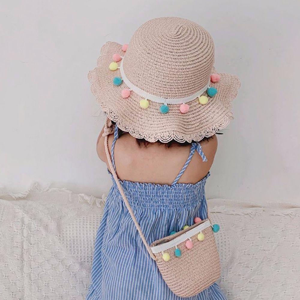 Kids Girls Pompom Ball Colorful Summer Hat Sun Protection Straw Woven Beach Hat Handbag Bucket Cap