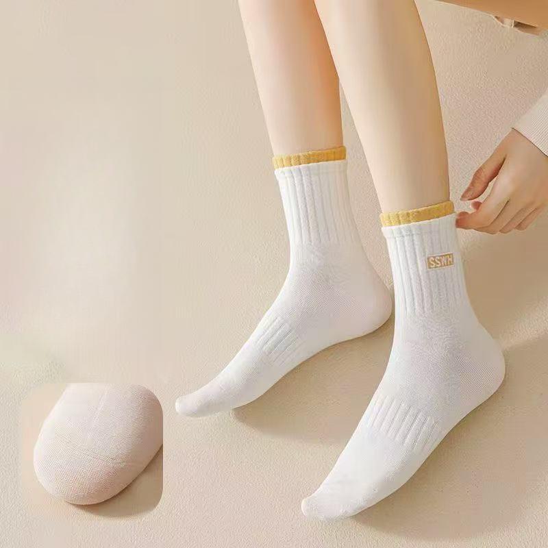 5 Pares Calcetines de Algodón para Mujer Tubo Medio Sin Costuras Transpirables Color Sólido Calcetín Casual