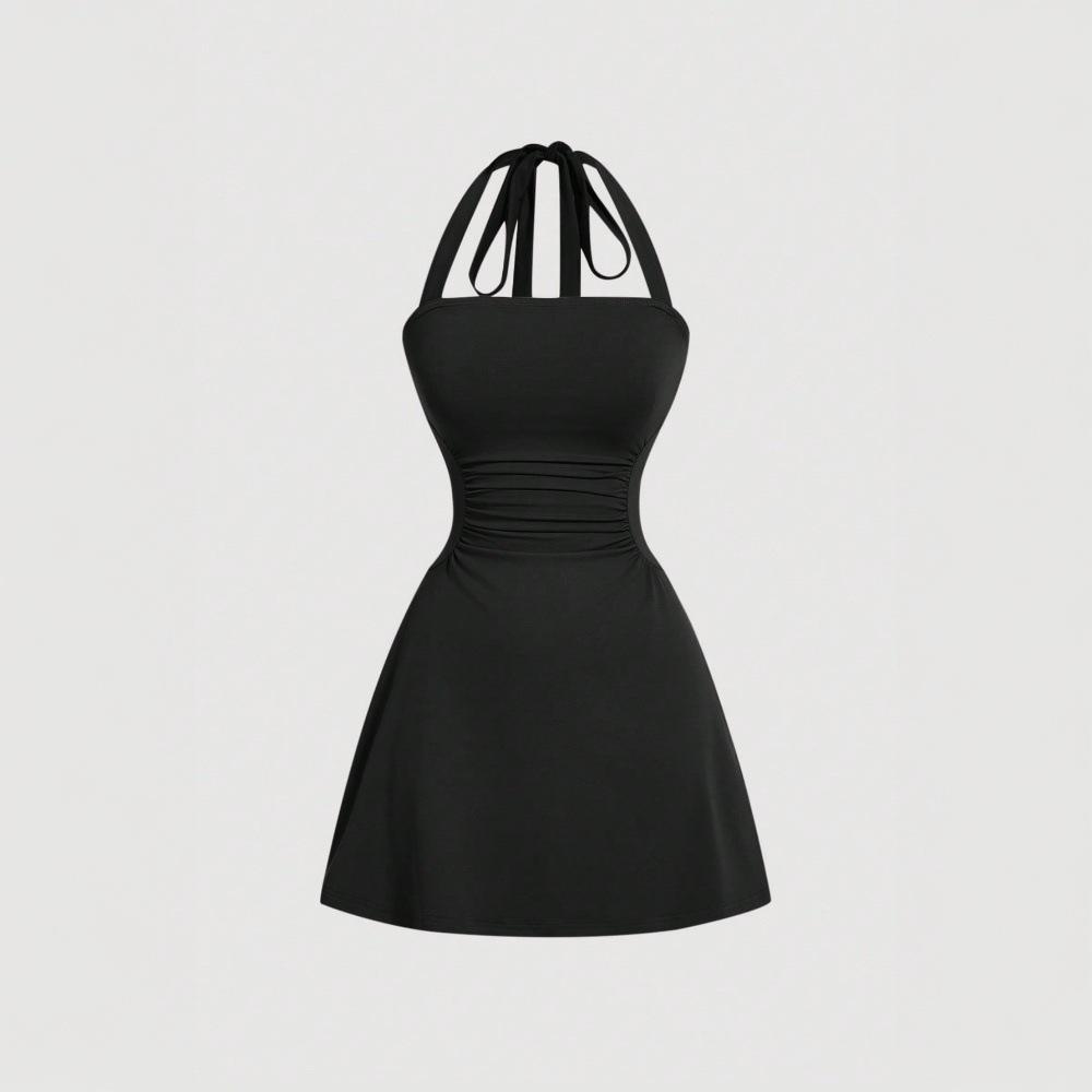 Women s elegant and sexy neck dress, spring and summer slim and thin high-waisted short skirt S чёрный