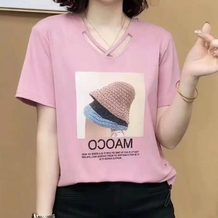 Loose and Versatile T-shirt, Fashionable Letter Design, V-neck, Middle-aged and Elderly Mothers Wear Tops