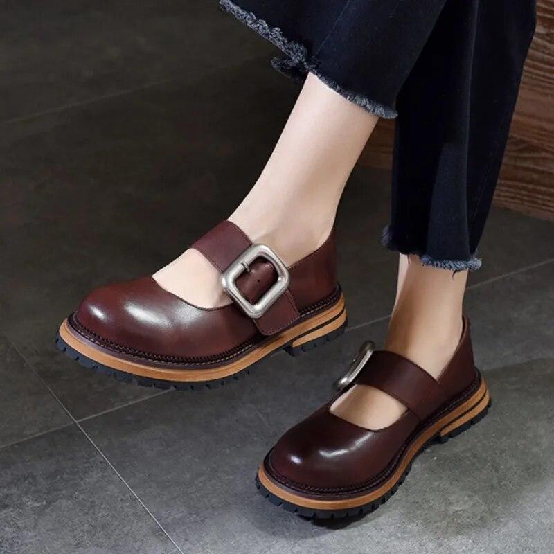 Johnature Divat sokoldalú fém csat, kerek orr, vastag talp Mary Janes cipők valódi bőr női cipők