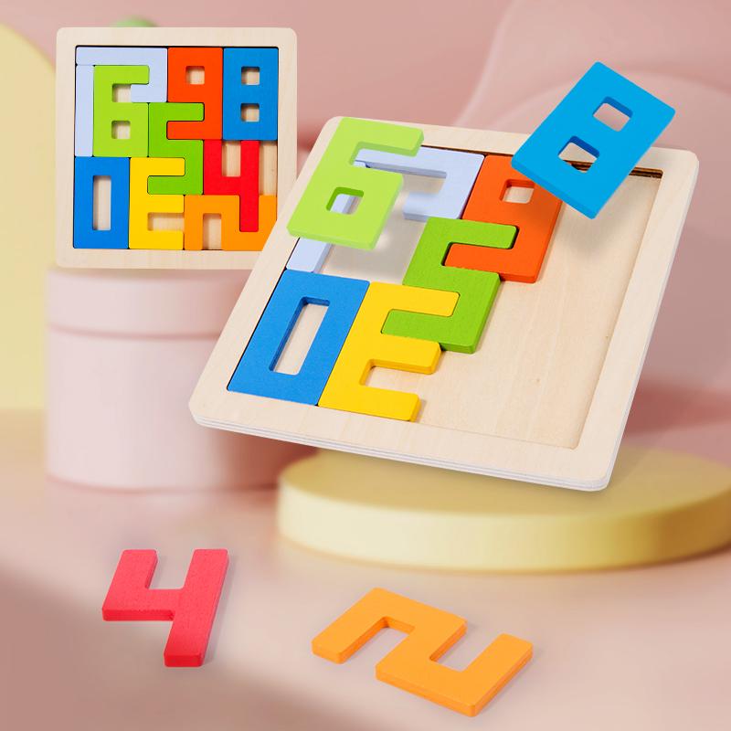 Colorful 3D Puzzle Wooden Tangram Math Toys Cube Game Children Pre-school Magination Shapes Digit Educational Toy for Kids