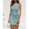 Women Sleeveless Round Neck Dress Pleated Bow Belt Irregular Hem Minimalist Elegant Chic Wear
