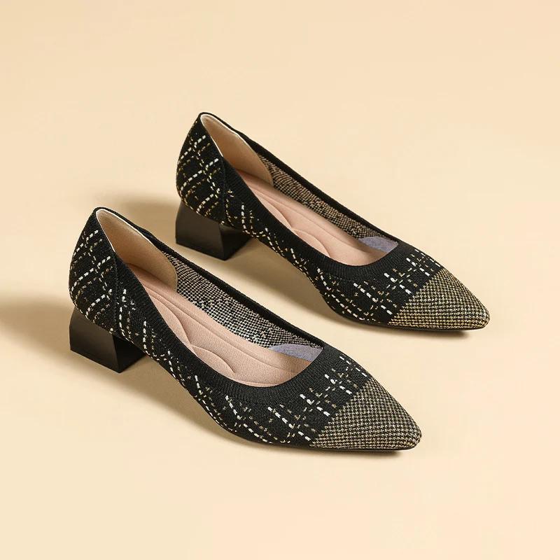 2024 Autumn Women High Heels Fashion Knitted Fabric Square Toe Thick Heel Shallow Mouth Shoes Breathable Anti-skid Ladies Pumps