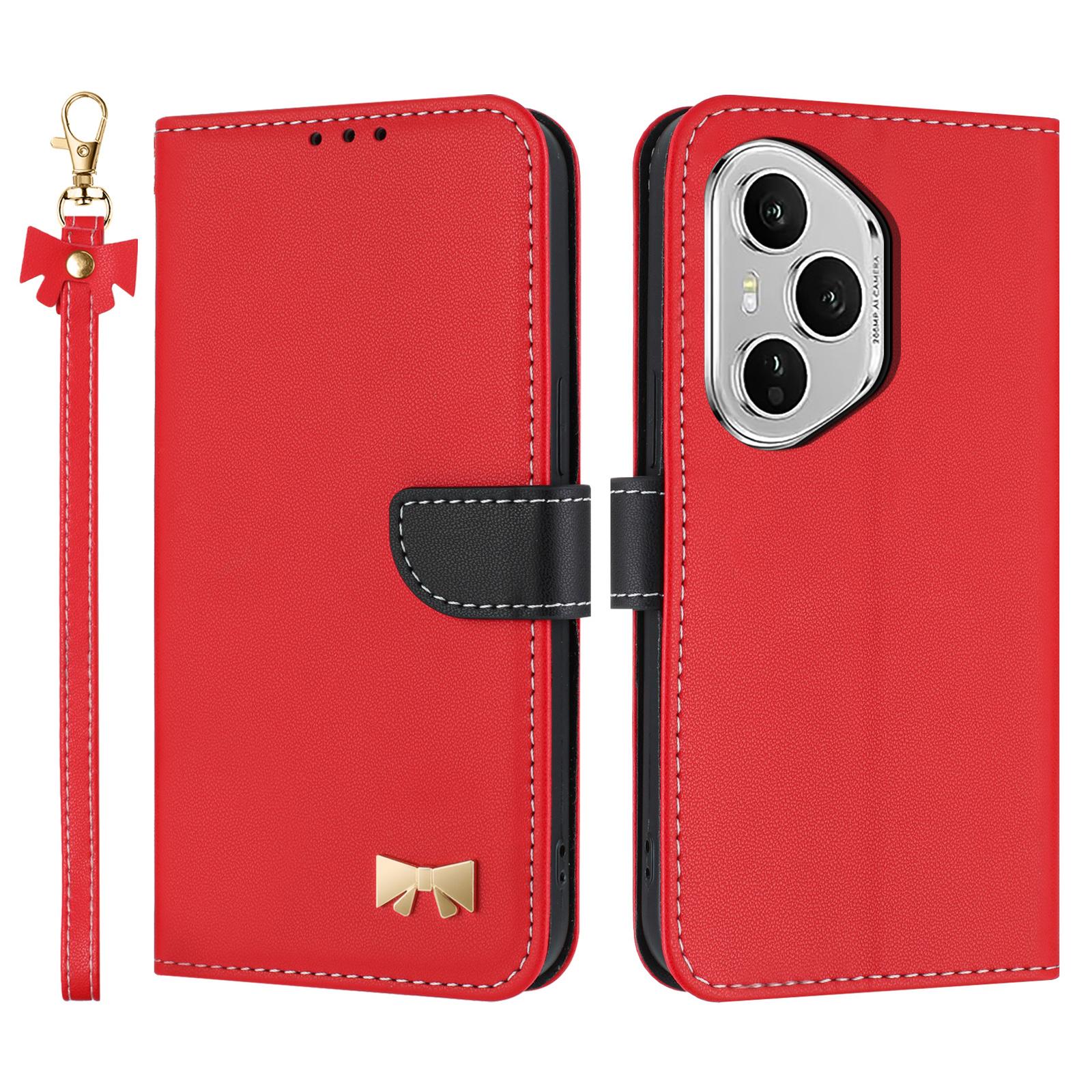 

For Honor 400 Pro 5G (Global) Case Bowknot Decor Wallet Leather Phone Cover with Wrist Strap Red