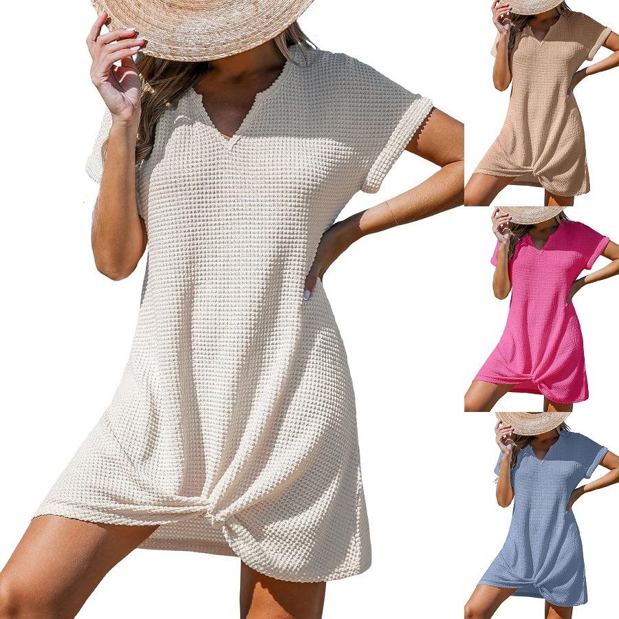 Women's Summer New Beach Dress V-Neck Knotted Cover-Up Ruffle Dress In Stock