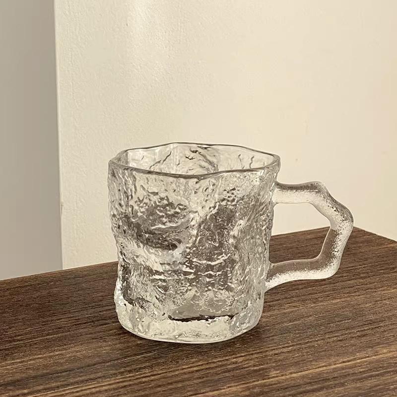 Frosted Pink Glass New Household 200ml High Aesthetic Irregular Shape Handle Coffee Mugs Creative Exquisite Milk Beverage Glass 101-200ml