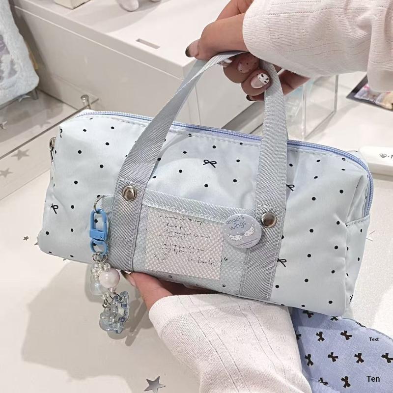New White Blue Color Star Polka Dot Tote Pencil Case Ins Style Cute Pen Bag For Student Large Capacity Stationery Organizer Bag