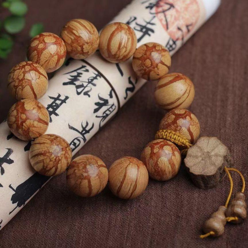 Plum Blossom Bone Inlay Prayer Beads Bracelet with Chen Mei Hua Wood and Six Paths Wood Grain