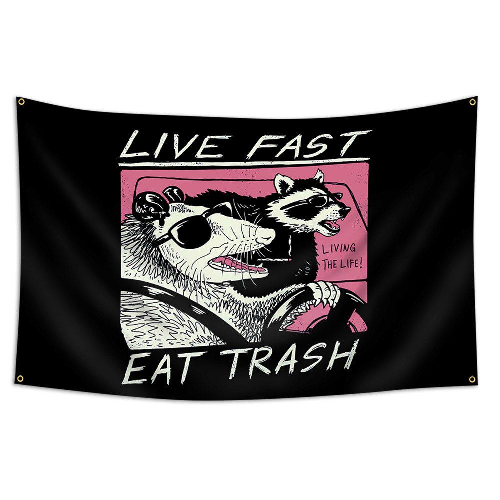 Live Fast Eat Trash Funny Raccoon Opossum Tapestry Wall Decor Dorm Bedroom Aesthetic Background 74x94cm(29x37in)
