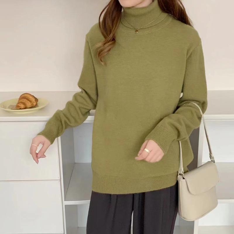 turtleneck solid color pullover sweater women's autumn and winter new loose lazy bottomed knitted sweater