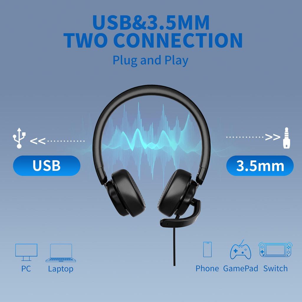 Awatrue EH10 Lightweight Wired Headset for Calls, Gaming, Aviation, and Business.