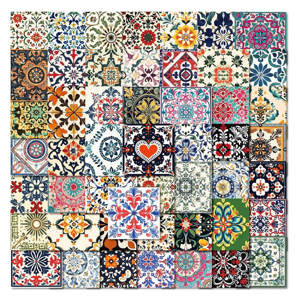 New 50 Exotic Retro Floral Tiles Stickers for Decorative Mobile Phone Case Skateboard Tablet Decoration