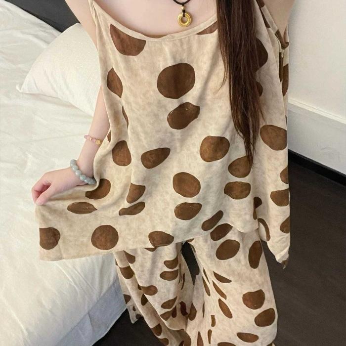 Retro lazy printing polka dots with chest pad pajamas women s suspender trousers cloud cotton summer Korean loungewear set M