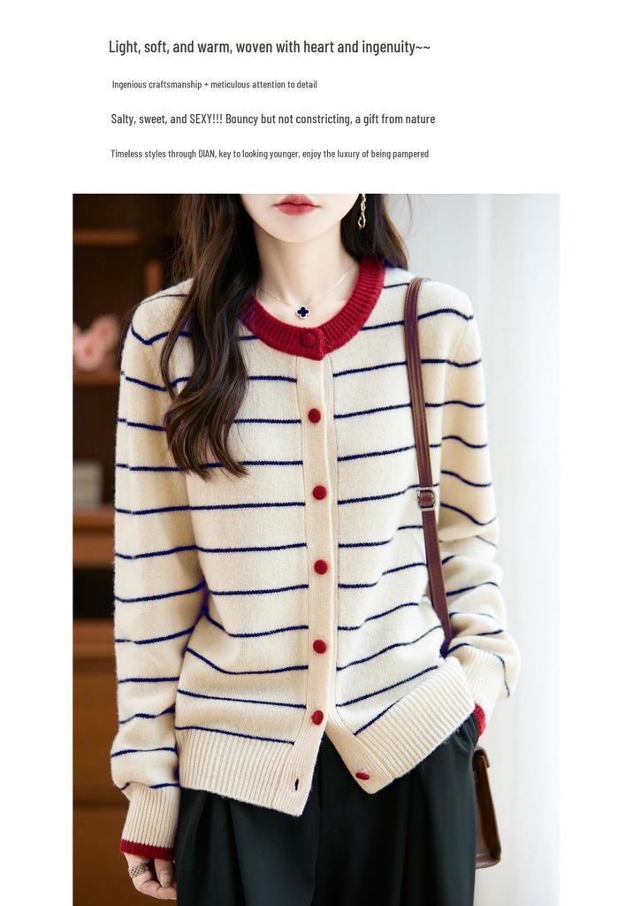 Women's Striped Color Block Pure Wool Thick Knit Cardigan Sweater