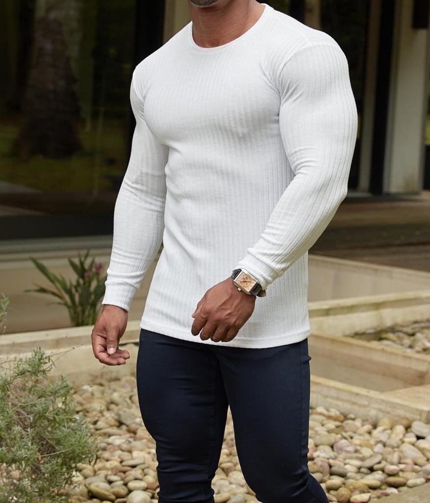 Men Casual Sports Fitness Elastic Vertical Stripe Round Neck Long Sleeve T Shirt