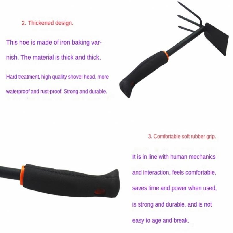 Thicken Serviceable Dual Use Small Hoe for Gardening Tool with Three Tooth Harrow Head, Iron Head Dual Purpose Hoe