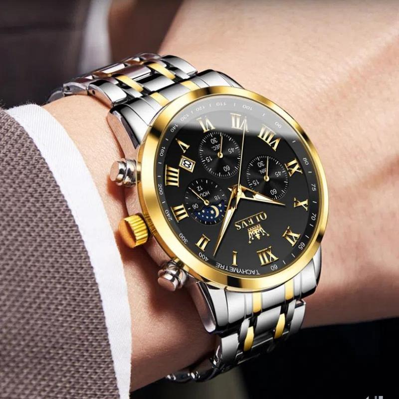 OLEVS Luxury Quartz Watch For Men Roman Scale Moon Phase Chronograph Man Watches Waterproof Luminous Calendar Wrist Watch