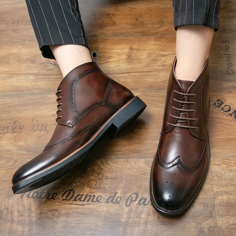 Fashion Italian Style Men's High Top Brogue Shoes Trend Design Men's Workwear Shoes Winter New Ankle Boots Lace Up Pointed Style