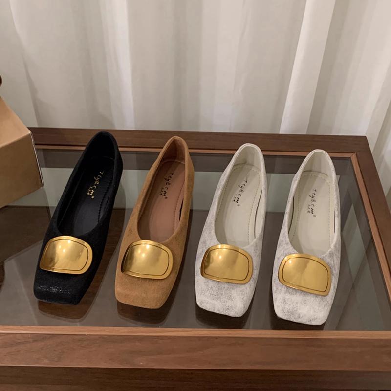 Fashion SUOJIALUN 2025 Autumn New Brand Women Flat Shoes Fashion Gold Buckle Square Toe Shallow Slip On Boat Shoes Flat Heel Single Shoe