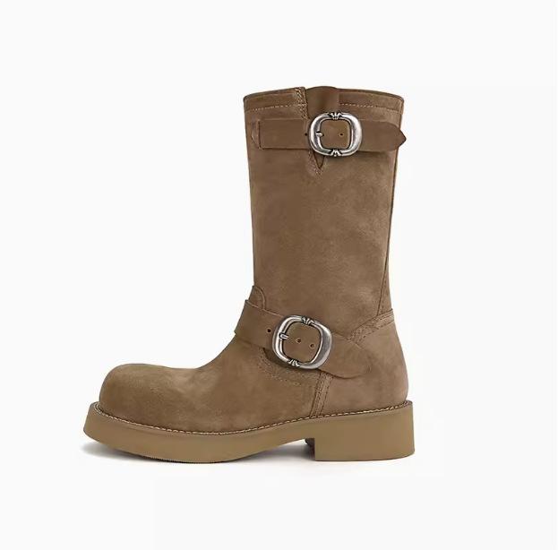 Cowhide Version~ Leather Thick-soled Martin Boots Women's Spring and Autumn British Retro Thick-heeled Locomotive Boots Stacking Boots Medium Boots