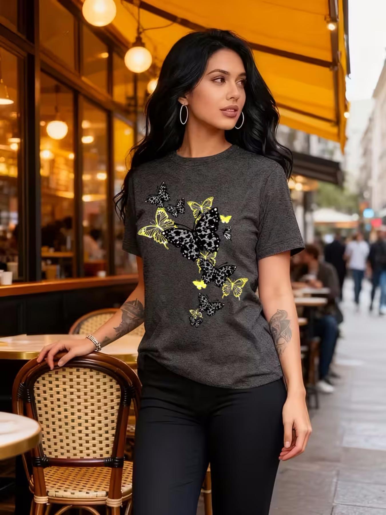 

Chic Butterfly Pattern Print Round Neck Short Sleeve T-Shirt. Casual Top 3XL дубильна кора