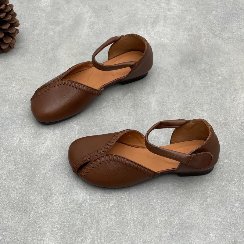 Johnature Retro Handmade Genuine Leather Sandals Hollow-out Soft Sole Round Toe Women's Shoes