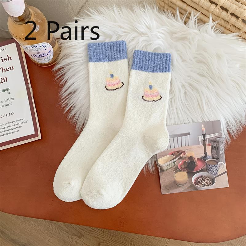 2 Pairs of Autumn and Winter Color-blocking Mid-calf Socks for Women, Thickened Warm Cartoon Cute Cotton Socks, Versatile Pile Socks